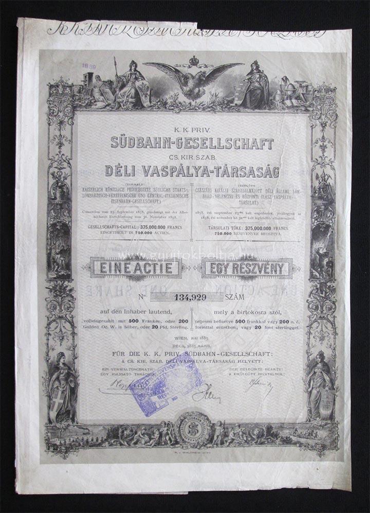 Déli Vaspálya Társaság részvény 200 forint 1883 Bécs